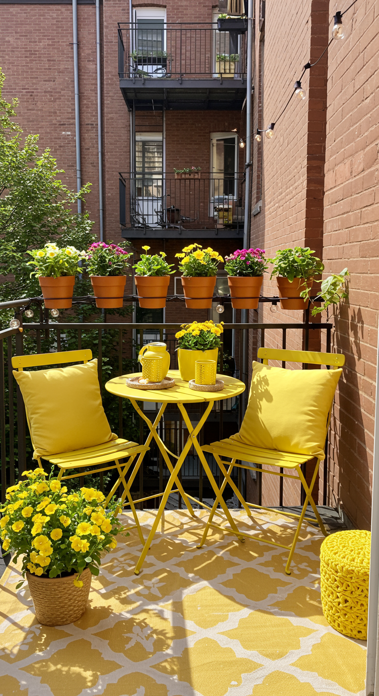 Gelbes Bistro-Set mit gelben Kissen und Teppich auf einem Stadtbalkon.