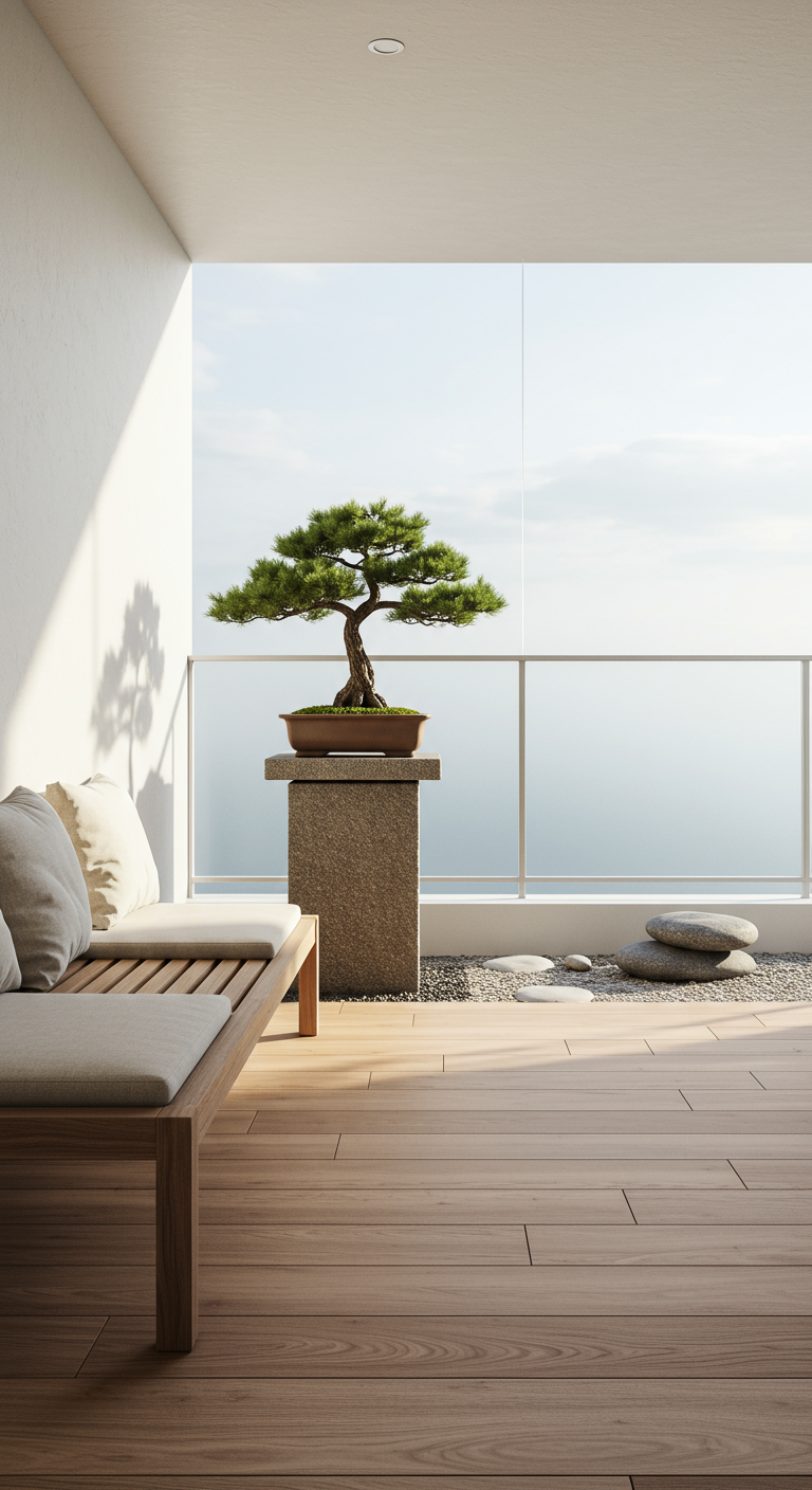 Moderner Balkon mit Bonsai auf Steinsockel, Holzdielen und Loungemöbel.