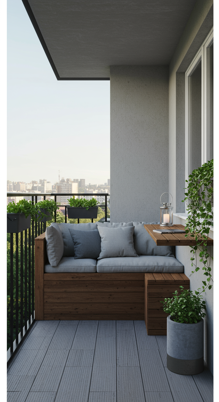 Moderne Eckbalkon-Sitzbank aus Holz mit grauen Polstern und Stadtblick.