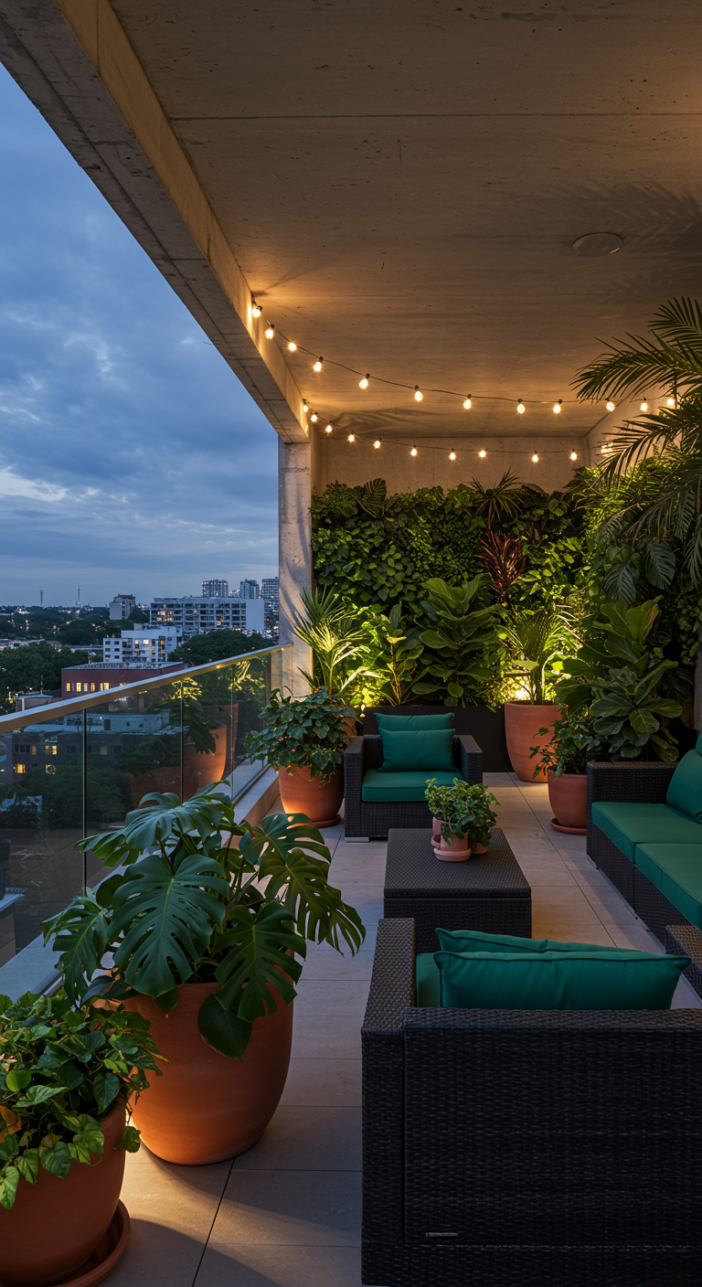 Hochhaus-Balkon bei Dämmerung mit vielen Grünpflanzen, Lounge-Möbeln und Lichterketten.