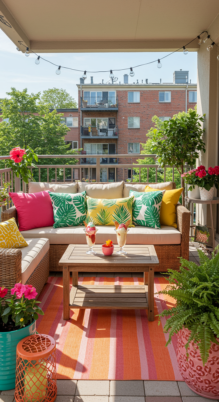 Bunter Balkon mit Korbmöbeln, Streifenteppich, Palmenkissen und Eisbechern.