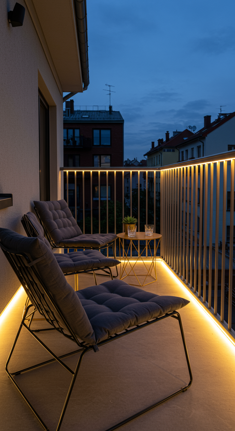 Moderner Balkon bei Dämmerung mit goldenen LED-Lichtleisten und goldenem Beistelltisch.