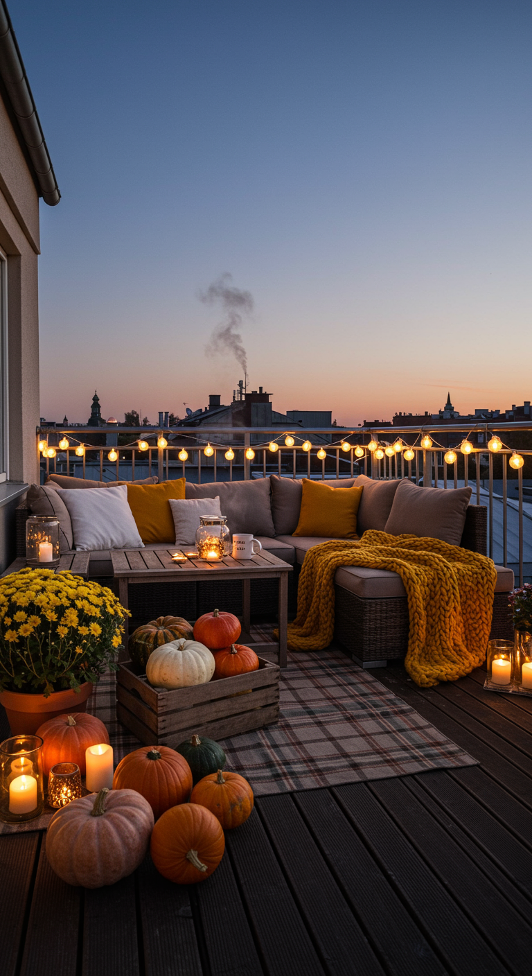 Gemütlicher Balkon mit Sofa, Kürbissen, Decken und Lichterketten bei Dämmerung.