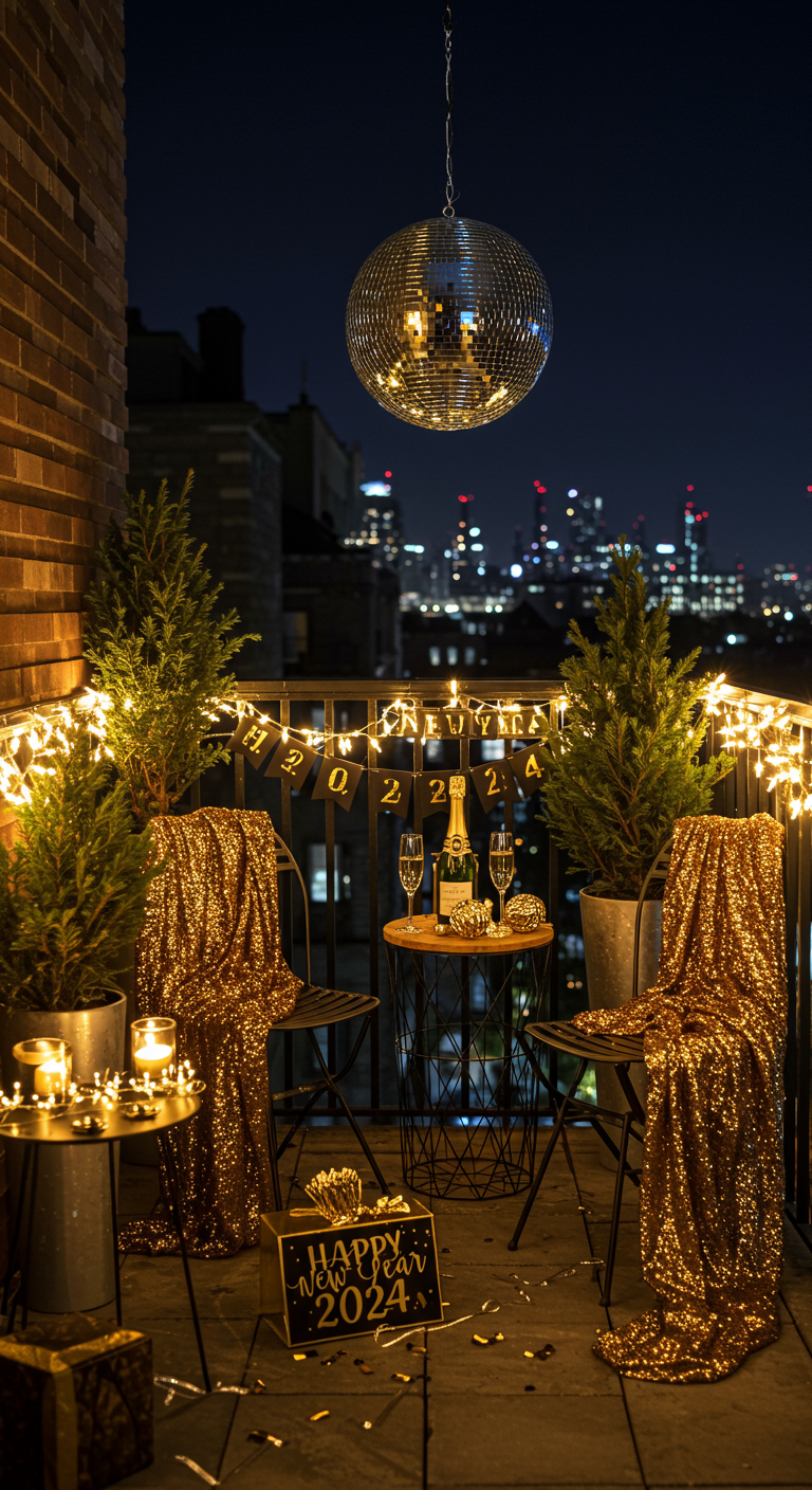 Balkon mit Discokugel, goldenen Paillettenstoffen und Lichterketten für Silvester.