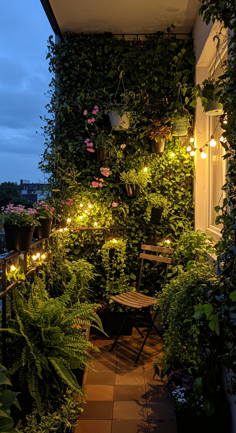 Üppig begrünter Mini-Balkon bei Nacht mit Lichterketten und Holzstuhl.