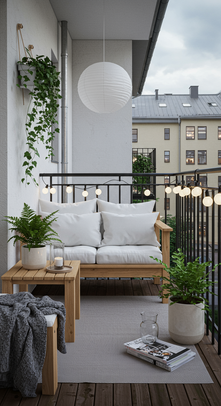 Nordbalkon mit heller Holzbank, weißen Kissen, Papierlaterne und Lichterkette.