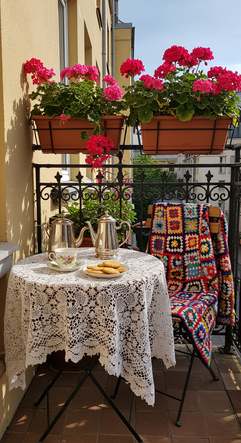 Balkontisch mit Spitzendecke, Häkeldecke über Stuhl, rosa Geranien, Kaffeeservice.