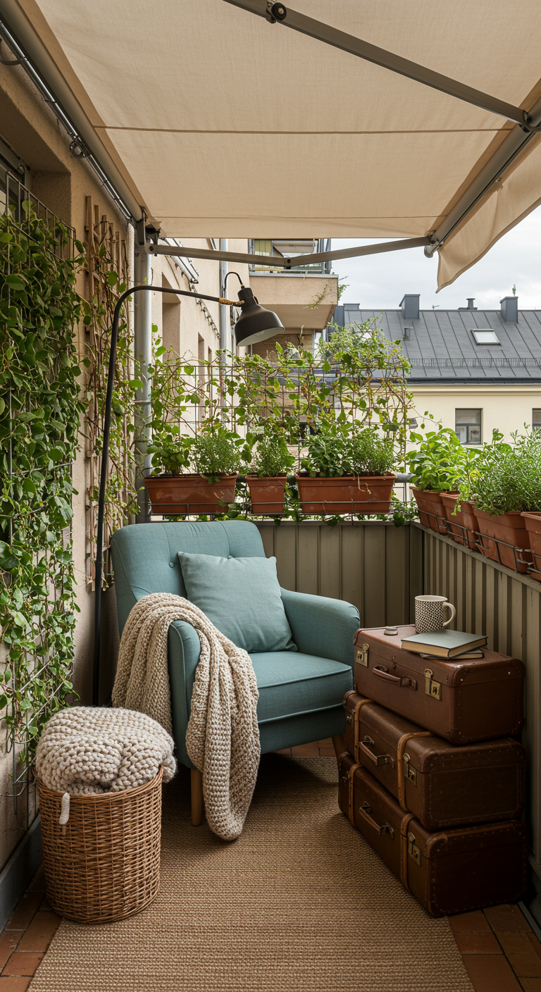 Gemütlicher Lesesessel auf Balkon mit Markise, Pflanzen und gestapelten Koffern als Tisch.