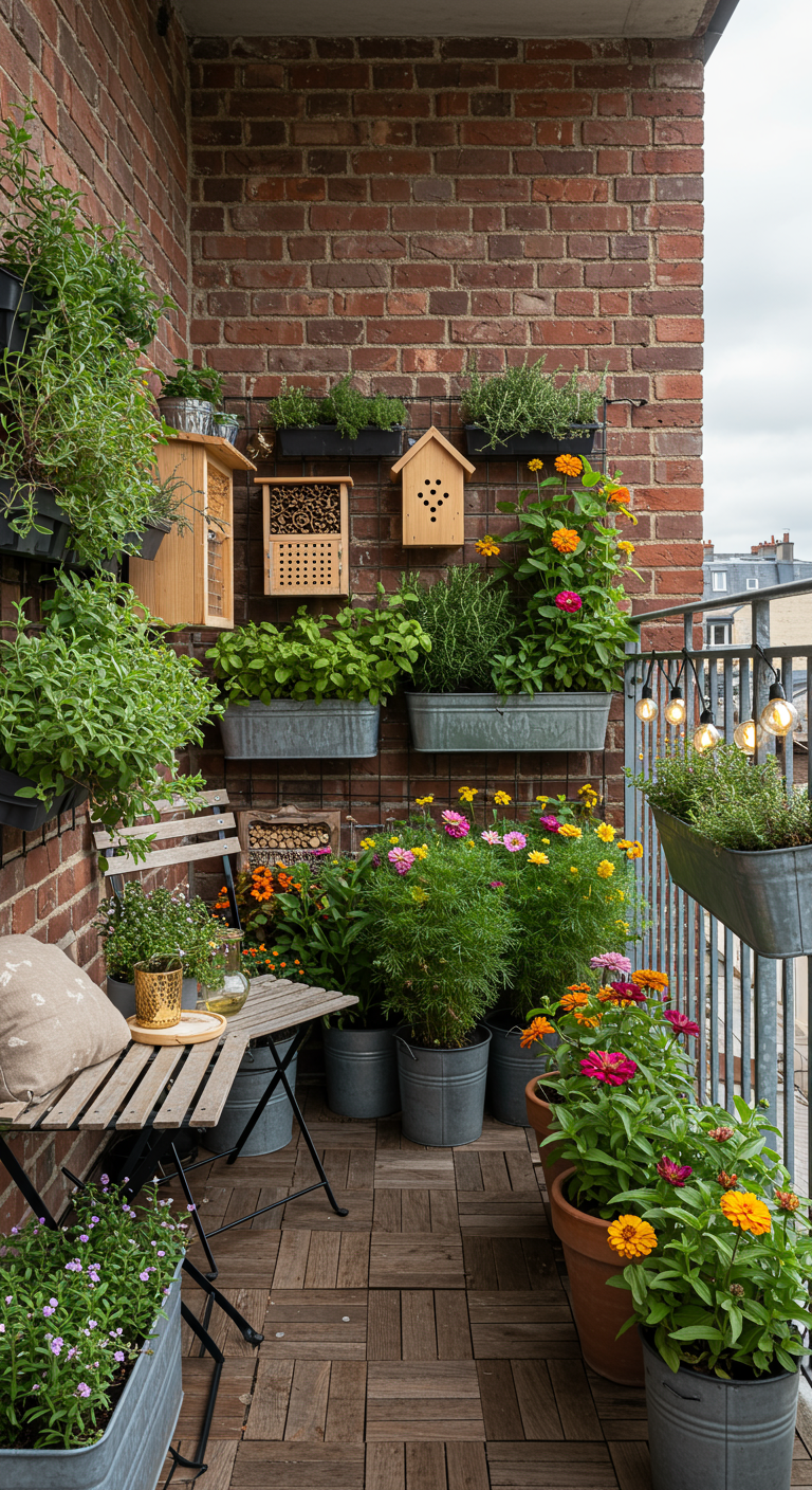 Balkon mit Backsteinwand, vertikalen Kräutergärten und bunten Blumen in Töpfen.