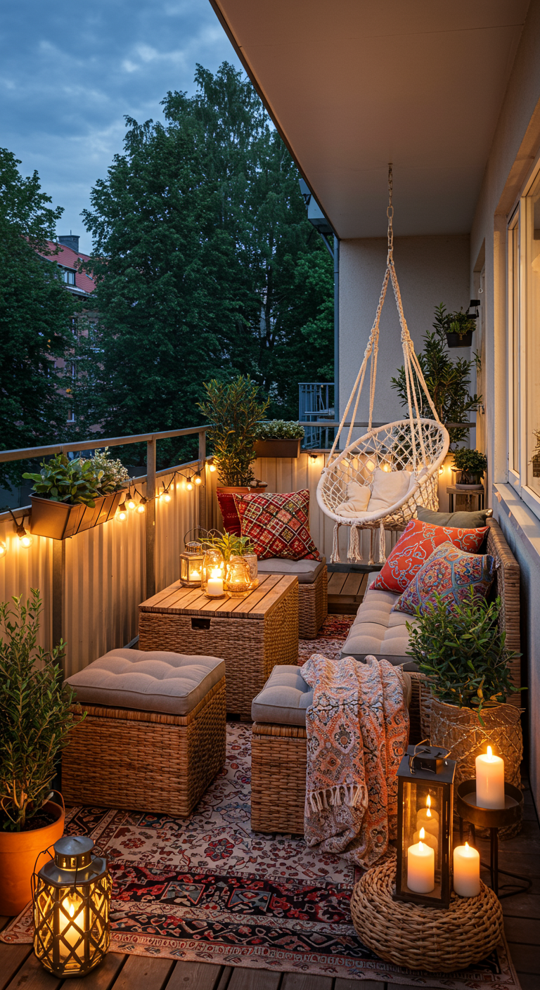 Gemütlicher Balkon mit Korbmöbeln, die Stauraum bieten, und Lichterketten.