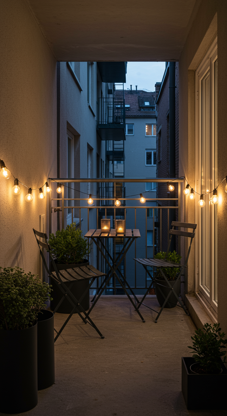 Schmaler Balkon mit Lichterkette und zwei schwarzen Klappstühlen bei Dämmerung.