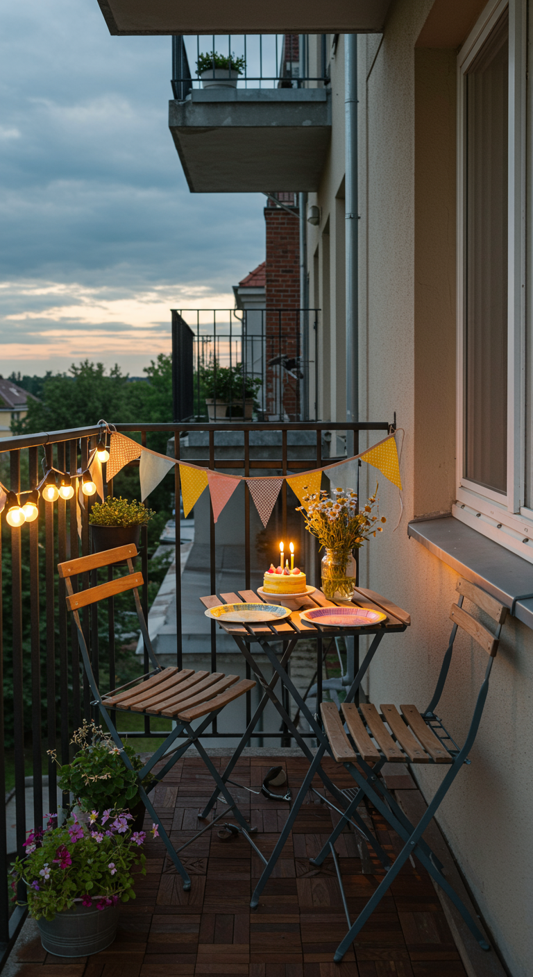 Kleiner Balkon mit Geburtstagstisch, Kuchen, Wimpel- und Lichterkette bei Dämmerung.