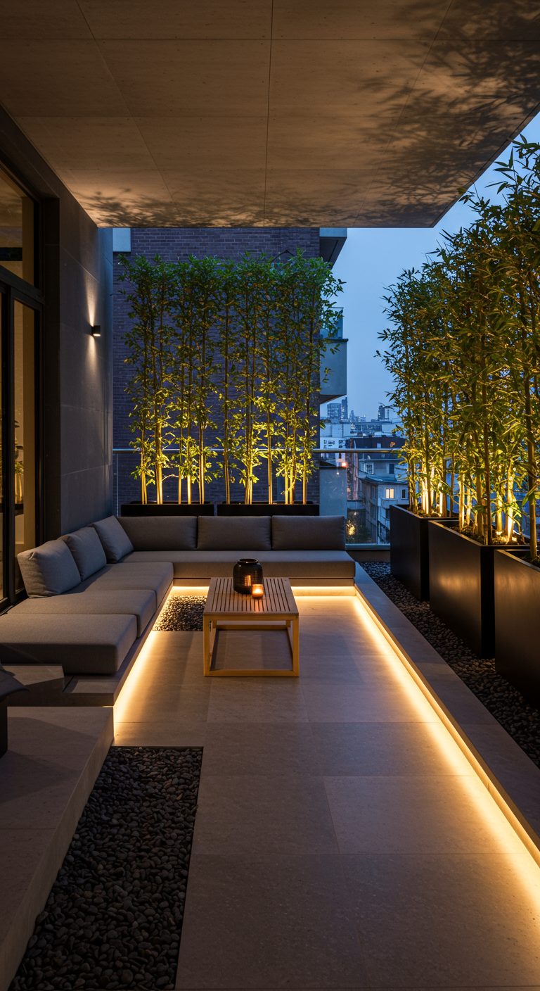 Moderner Balkon bei Nacht mit grauer Ecklounge, LED-Bodenbeleuchtung und Bambuspflanzen.