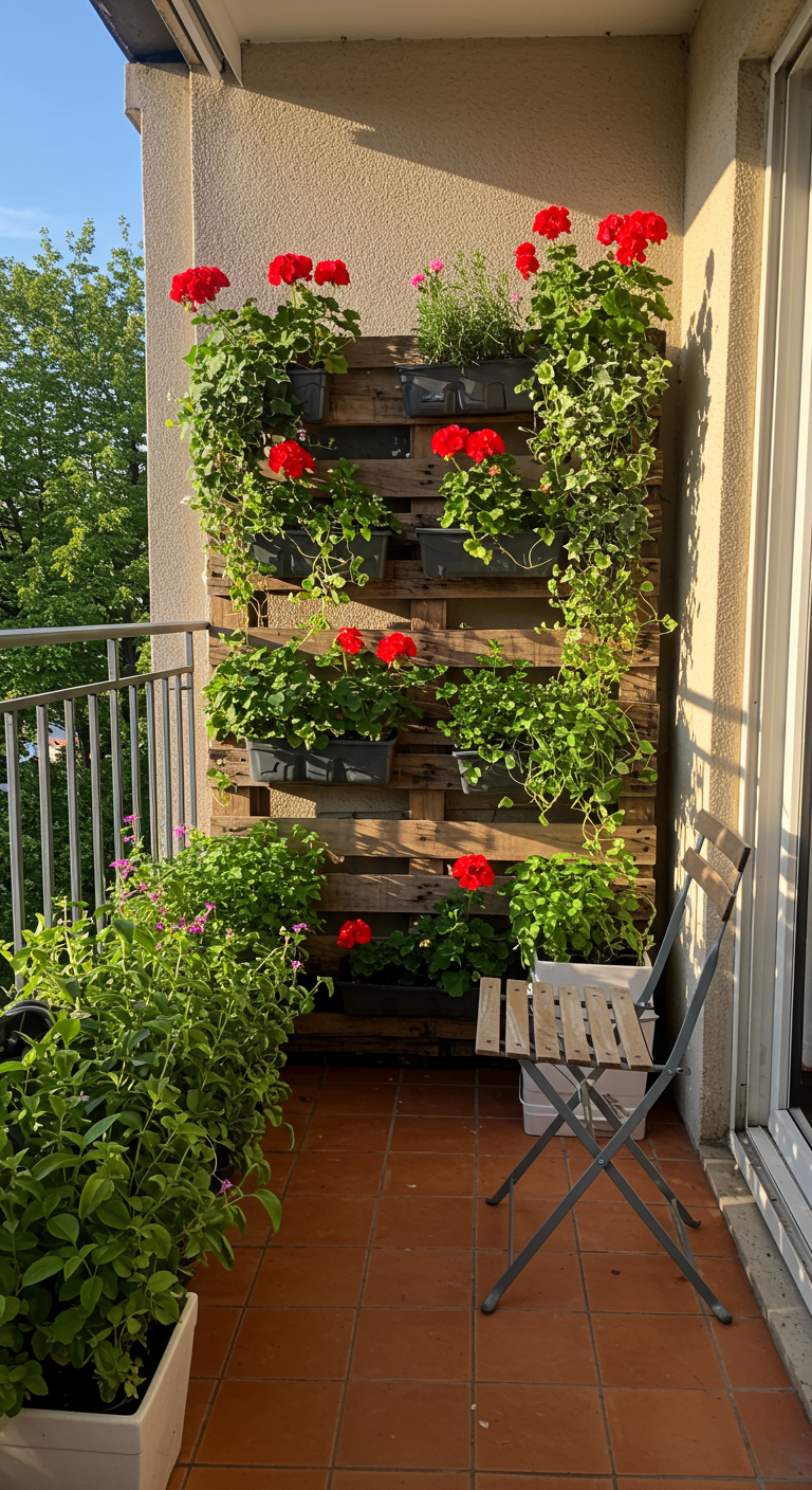 Vertikaler Garten aus Holzpalette mit roten Geranien und Efeu auf einem Balkon.