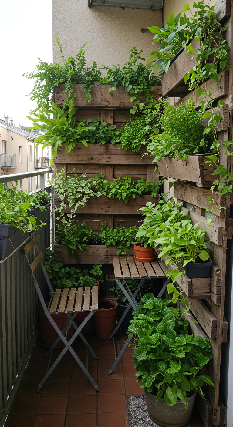 Hochkant stehende Holzpalette mit vielen grünen Pflanzen und kleinem Klapptisch auf Balkon.