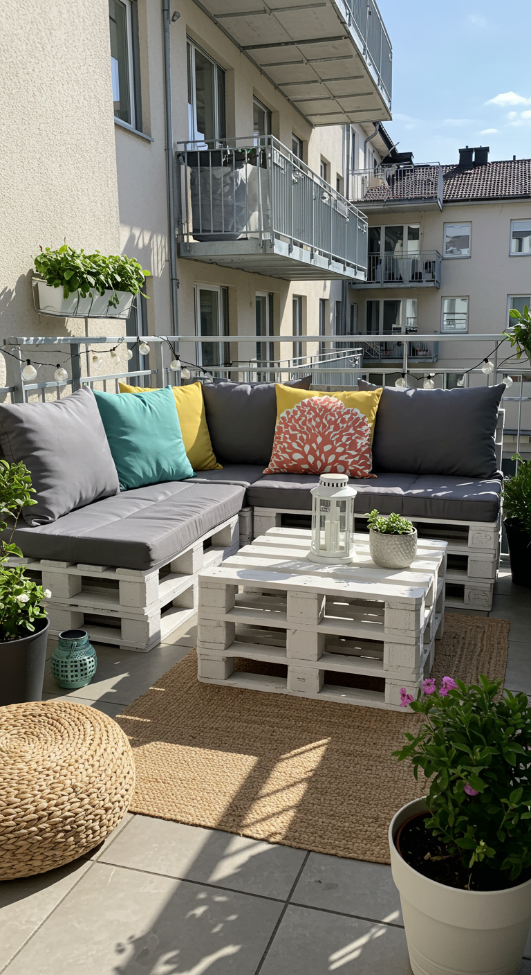 Helle Paletten-Lounge-Ecke mit bunten Kissen und Couchtisch auf einem Balkon.