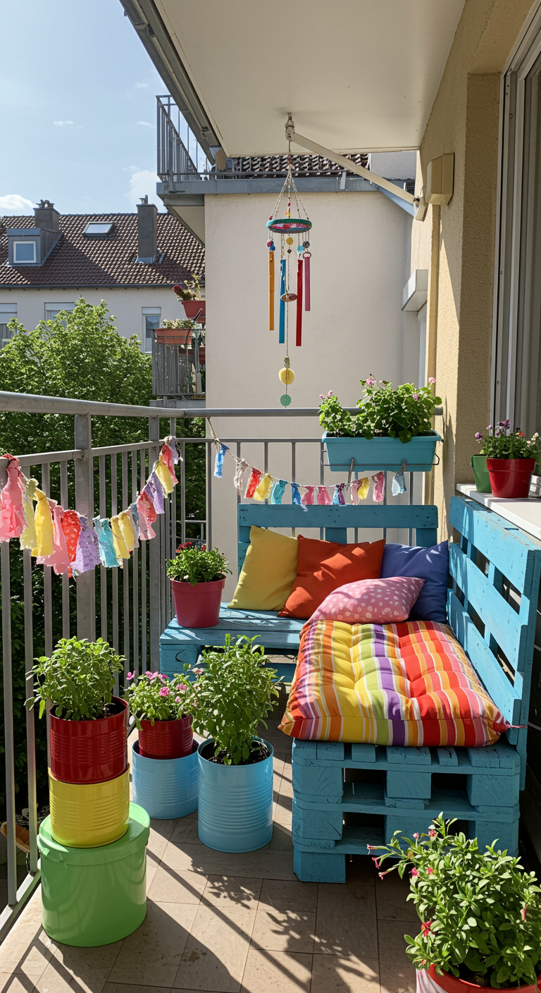 Balkon mit blau gestrichener Palettenbank, bunten Kissen, farbigen Blumentöpfen und Stoffgirlande.
