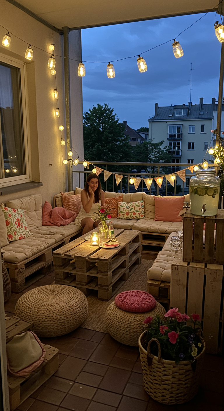 Gemütlicher Balkon mit Palettensofa, Lichterketten in Einmachgläsern und bunten Kissen für Party.