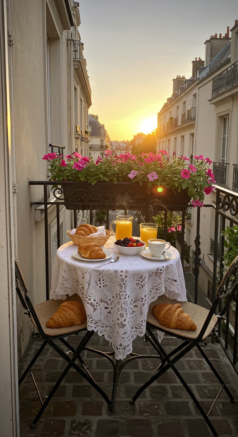 Balkonfrühstück mit Croissants und Kaffee bei Sonnenaufgang über Pariser Dächern.