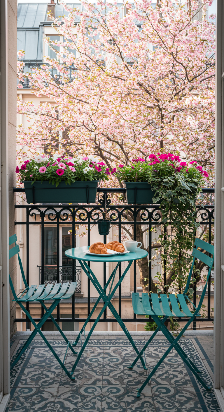 Türkises Bistro-Set auf Pariser Balkon mit rosa Blüten und Croissants.