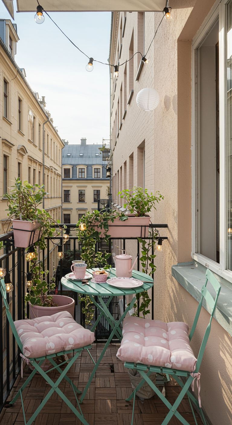Balkon mit mintgrünem Bistro-Set, rosa Kissen und Lichterkette.