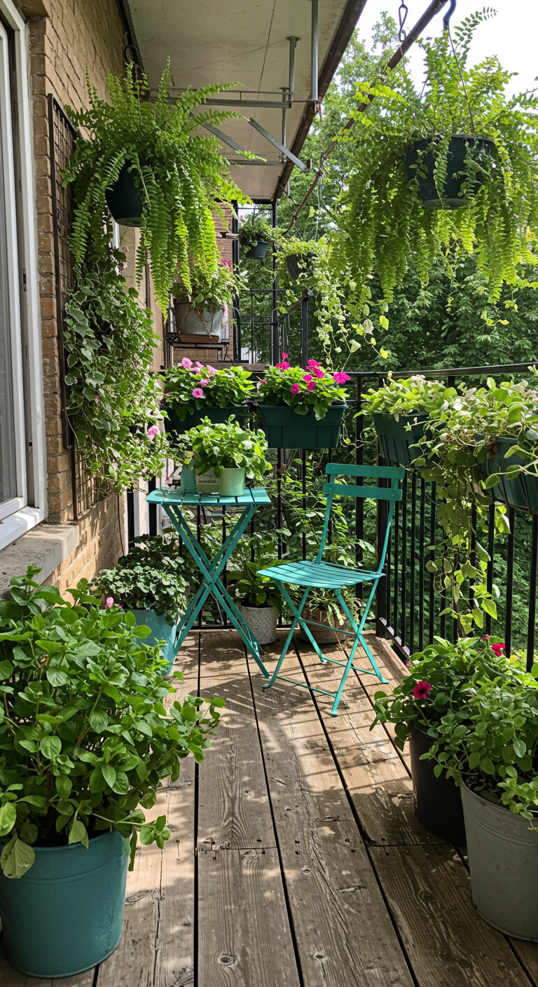 Üppig begrünter Balkon mit Hängefarnen und türkisen Bistromöbeln.