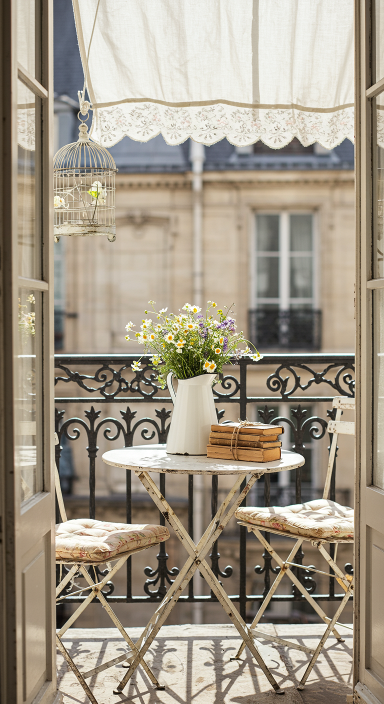 Französischer Balkon mit weißem Bistro-Set und Blumen in Emaillekanne