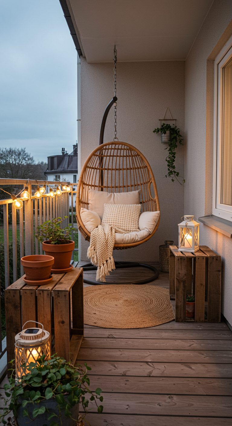 Gemütlicher Rattan-Hängesessel auf Balkon mit Jute-Teppich und Lichterkette.