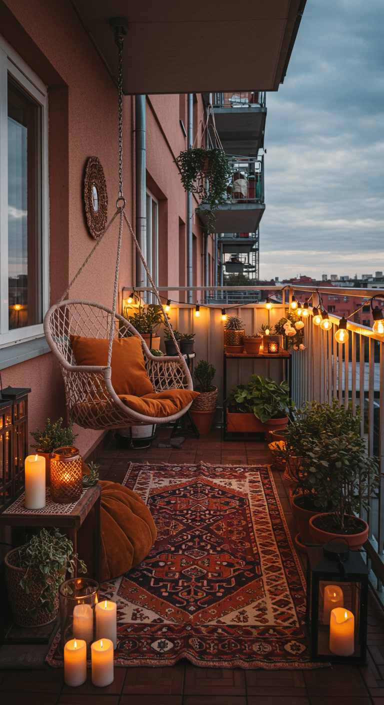 Gemütlicher Boho-Balkon mit Hängesessel, Orientteppich, Lichterketten und Kerzen bei Dämmerung.