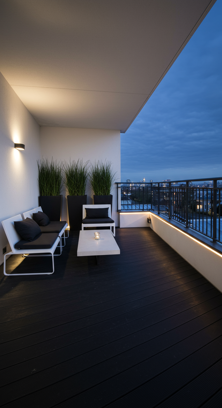 Moderner Balkon bei Dämmerung, dunkler Boden, weiße Lounge-Möbel, schwarze Pflanzkübel, LED-Lichtband.