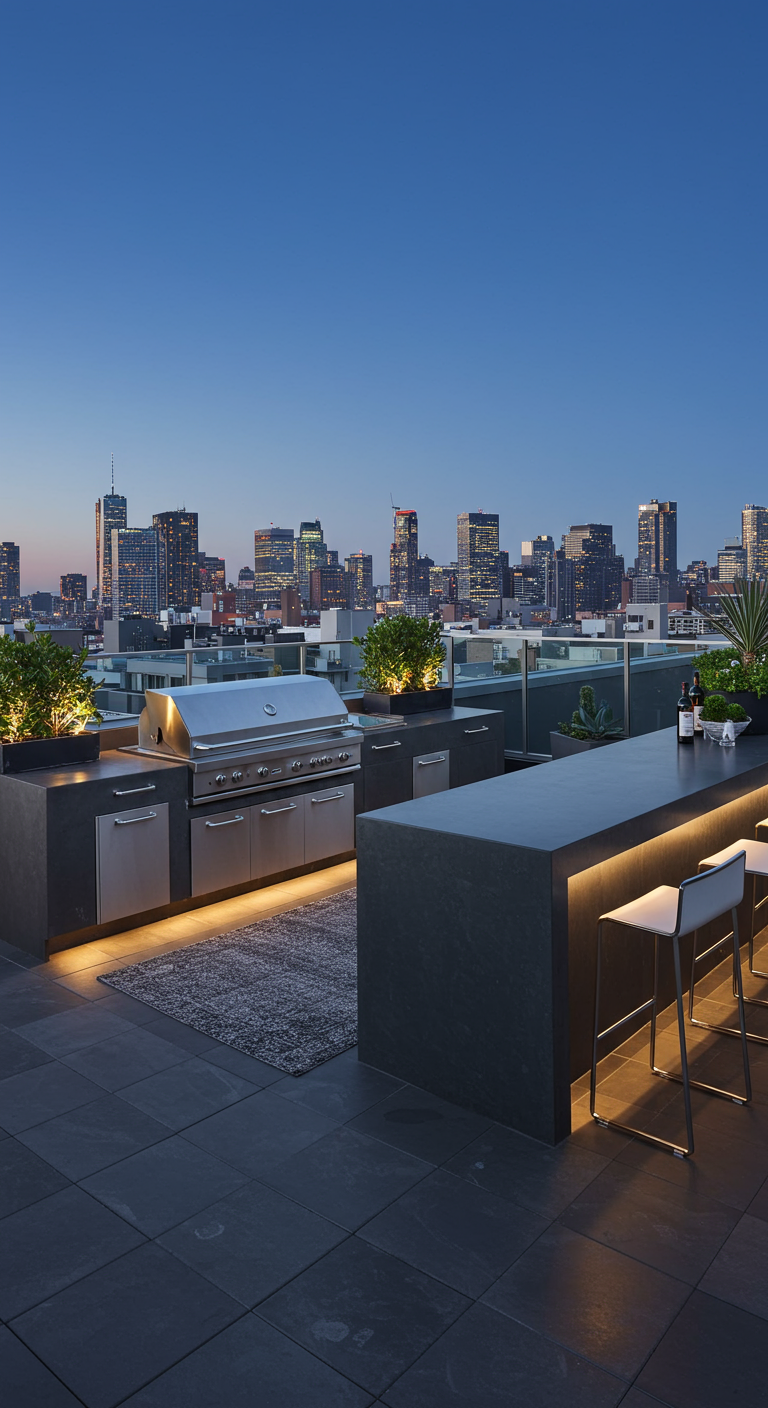 Moderne Dachterrassen-Außenküche mit Grill, Bar und Stadtblick bei Nacht.