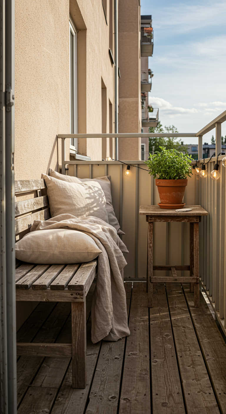 Schmaler Balkon mit Holzbank, Leinenkissen, Lichterkette und Topfpflanze.