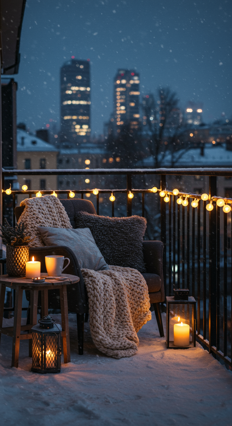 Verschneiter Balkon mit Sessel, Decken, Kerzen und Lichterkette vor Stadtsilhouette.