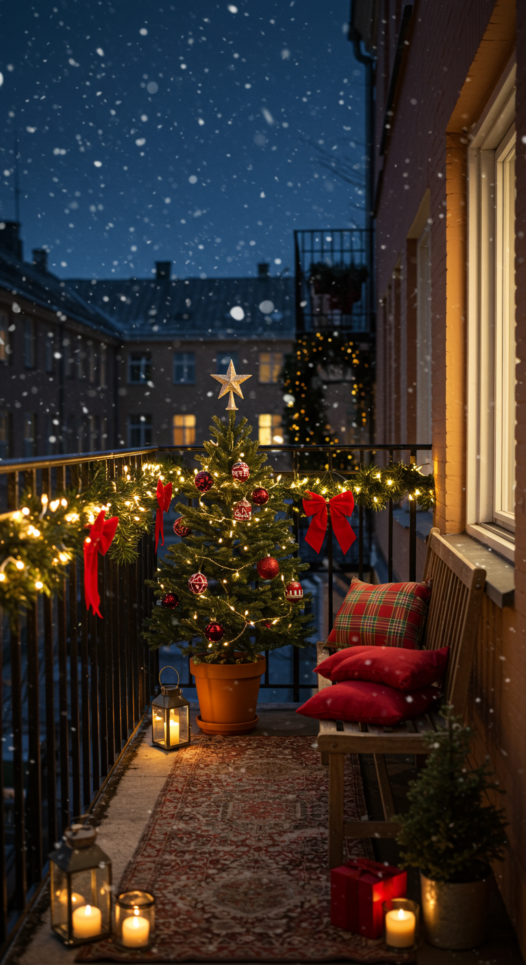 Weihnachtsbaum mit Lichtern und roten Schleifen auf einem Balkon im Schnee.