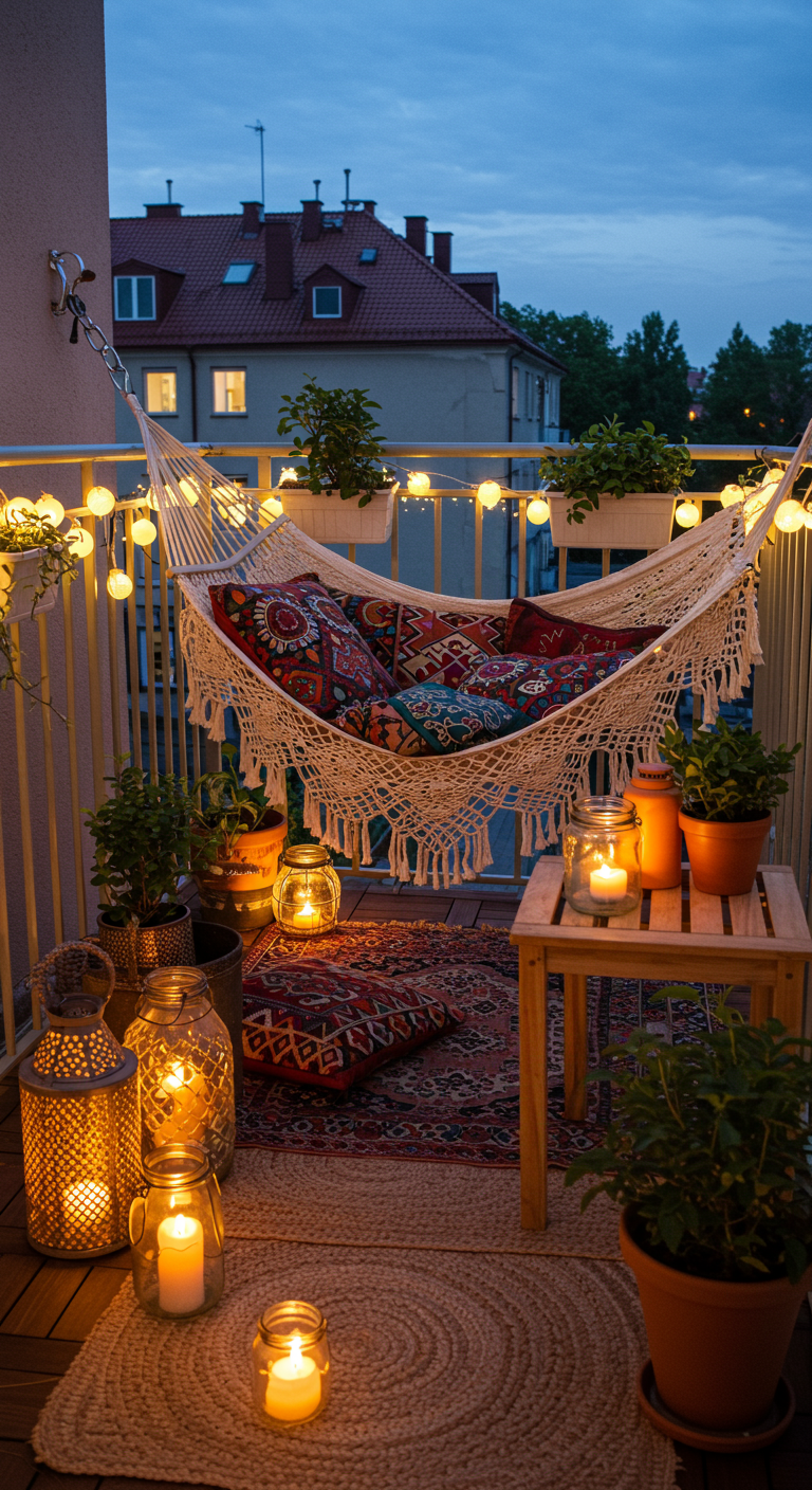 Gemütlicher Balkon bei Nacht mit Makramee-Hängematte, Lichterkette und vielen Kerzen.