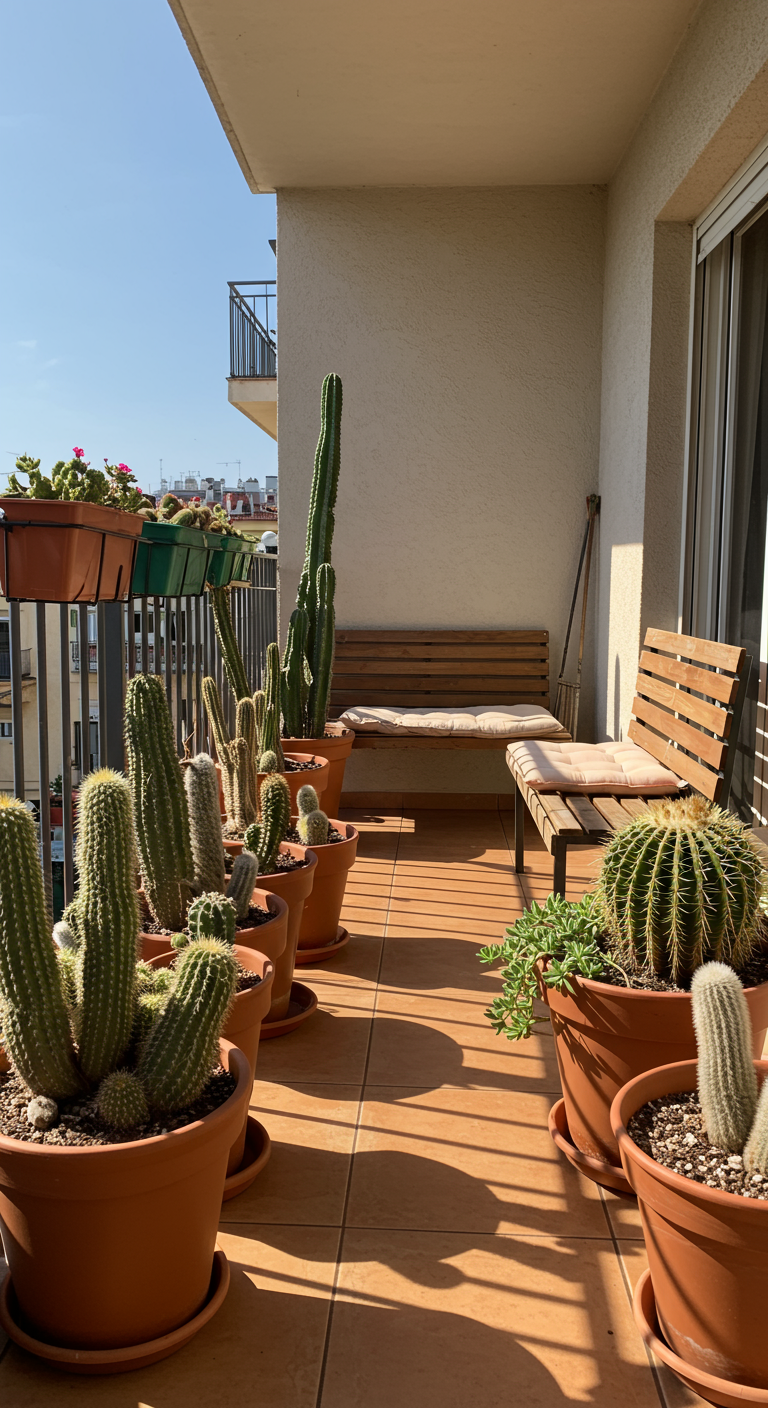 Sonniger Balkon mit vielen Kakteen in Terrakotta-Töpfen und einer Holzbank.