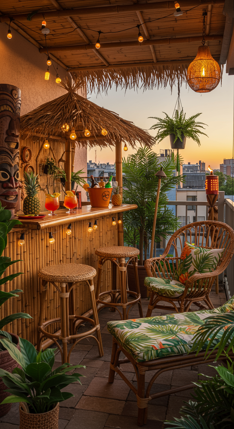 Balkon-Tiki-Bar aus Bambus mit Hockern, Lichterketten und tropischen Pflanzen bei Sonnenuntergang.