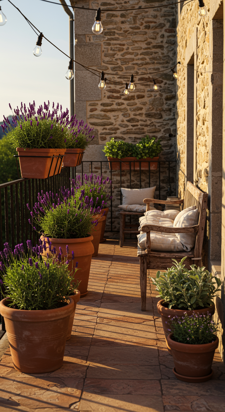 Rustikaler Balkon mit Lavendel in Terrakotta-Töpfen und Lichterketten.