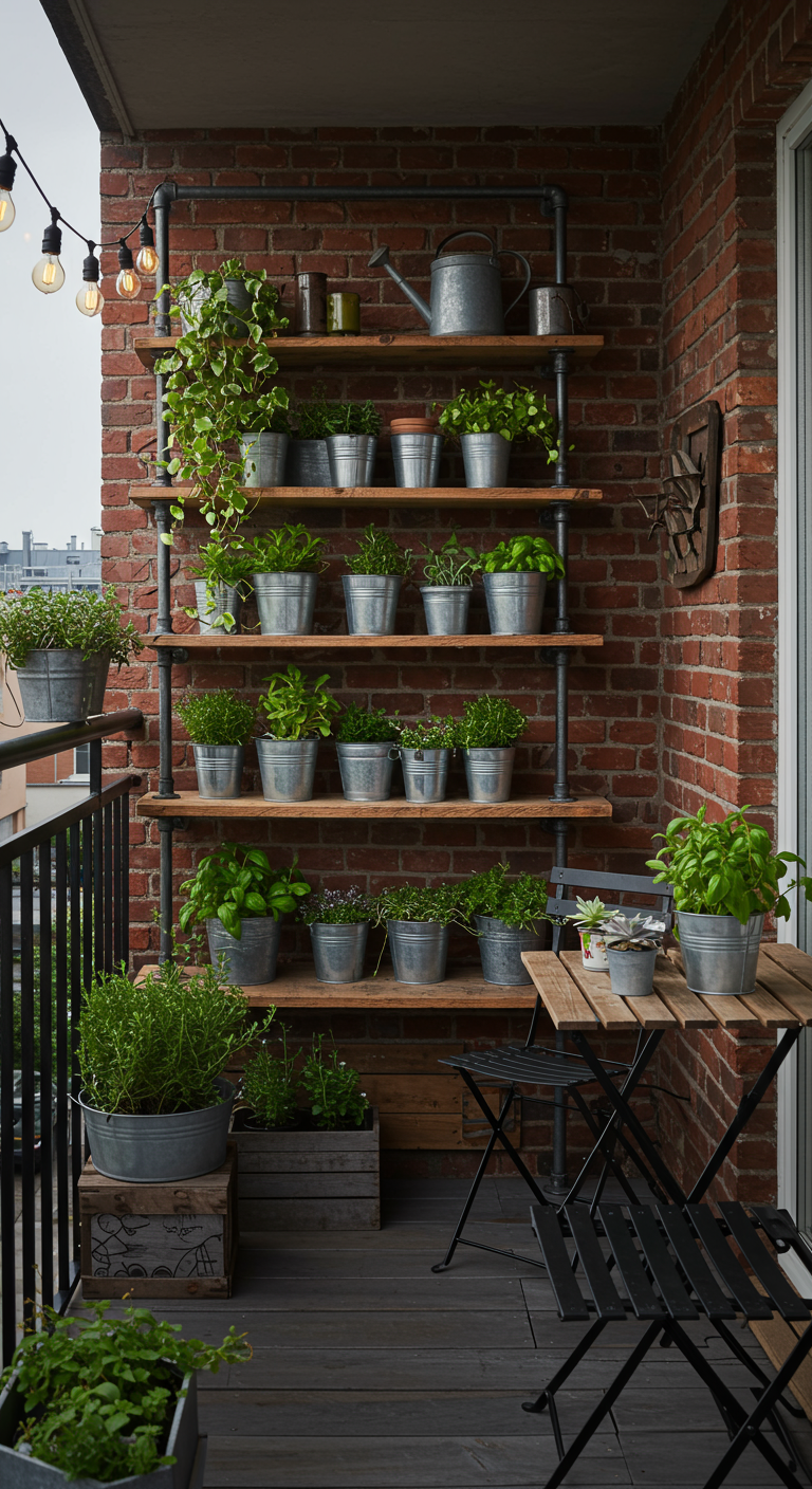 Industrial-Pflanzenregal aus Rohren und Holzbrettern mit Kräutern in Zinkeimern auf Balkon.