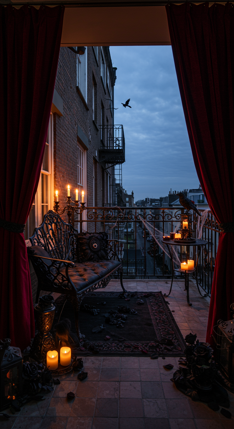 Düster-eleganter Balkon mit Samtvorhängen, Kerzenleuchtern und schwarzen Rosen bei Dämmerung.