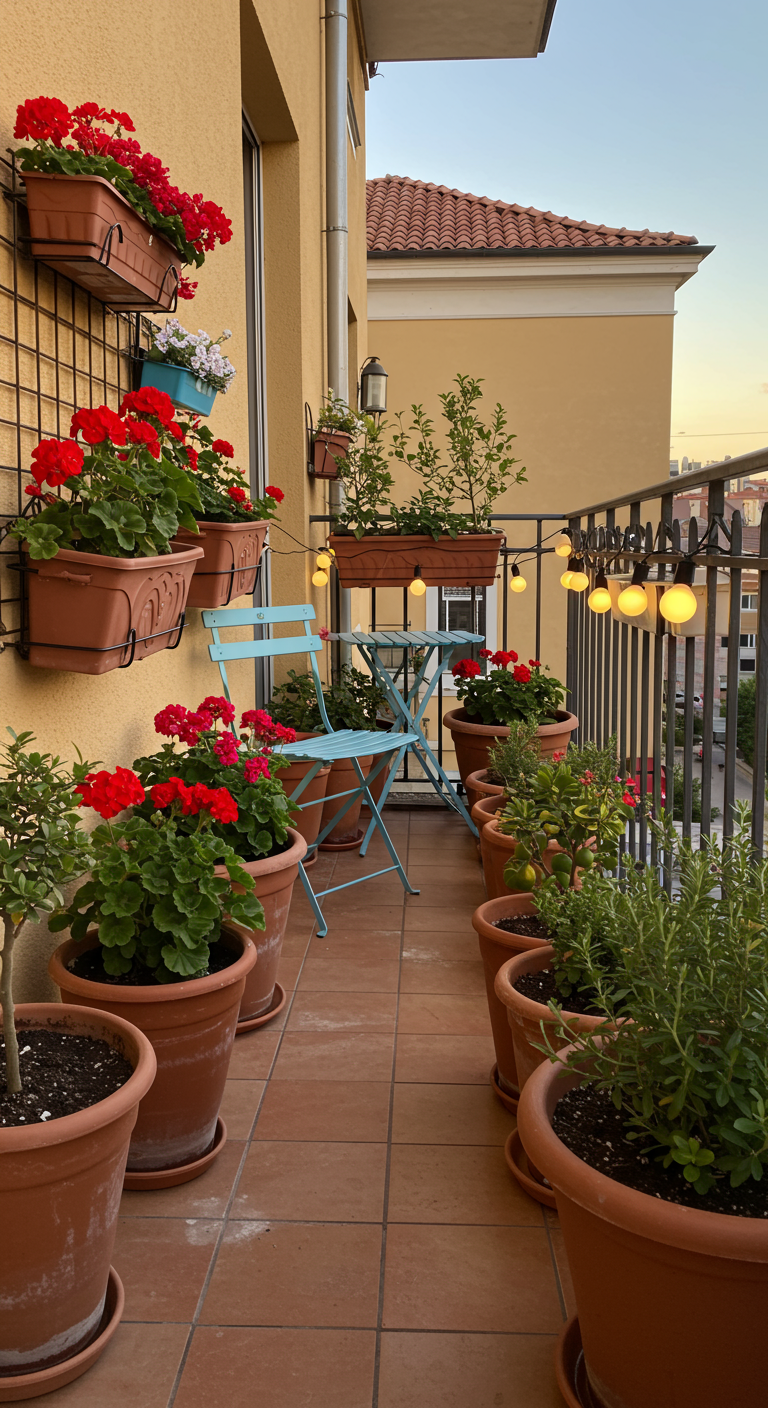 Schmaler Balkon mit Terrakotta-Töpfen an Wandgitter und Boden, blaue Möbel, Lichterkette.