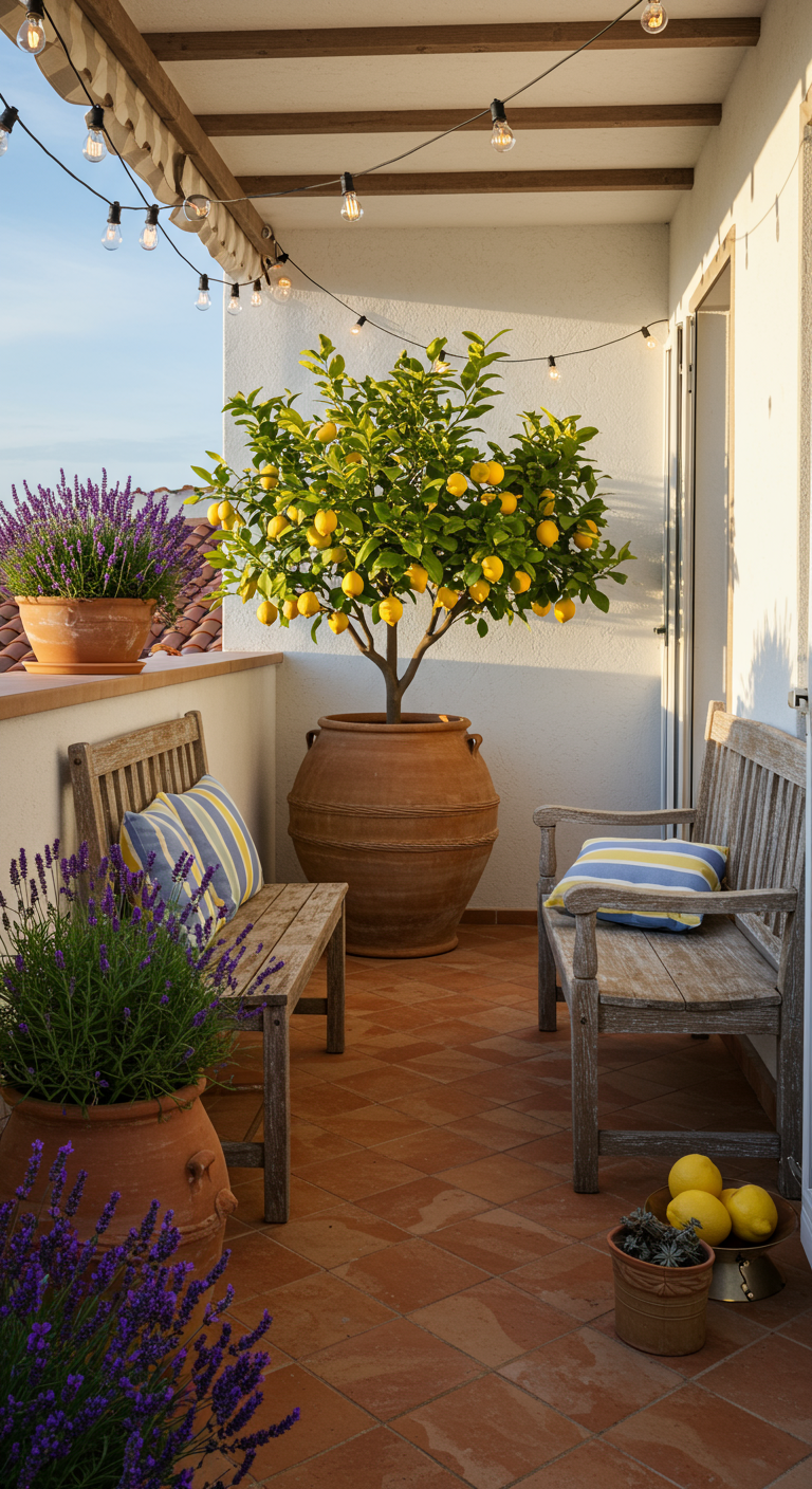 Mediterraner Balkon mit Zitronenbaum, Lavendel und Holzbänken.