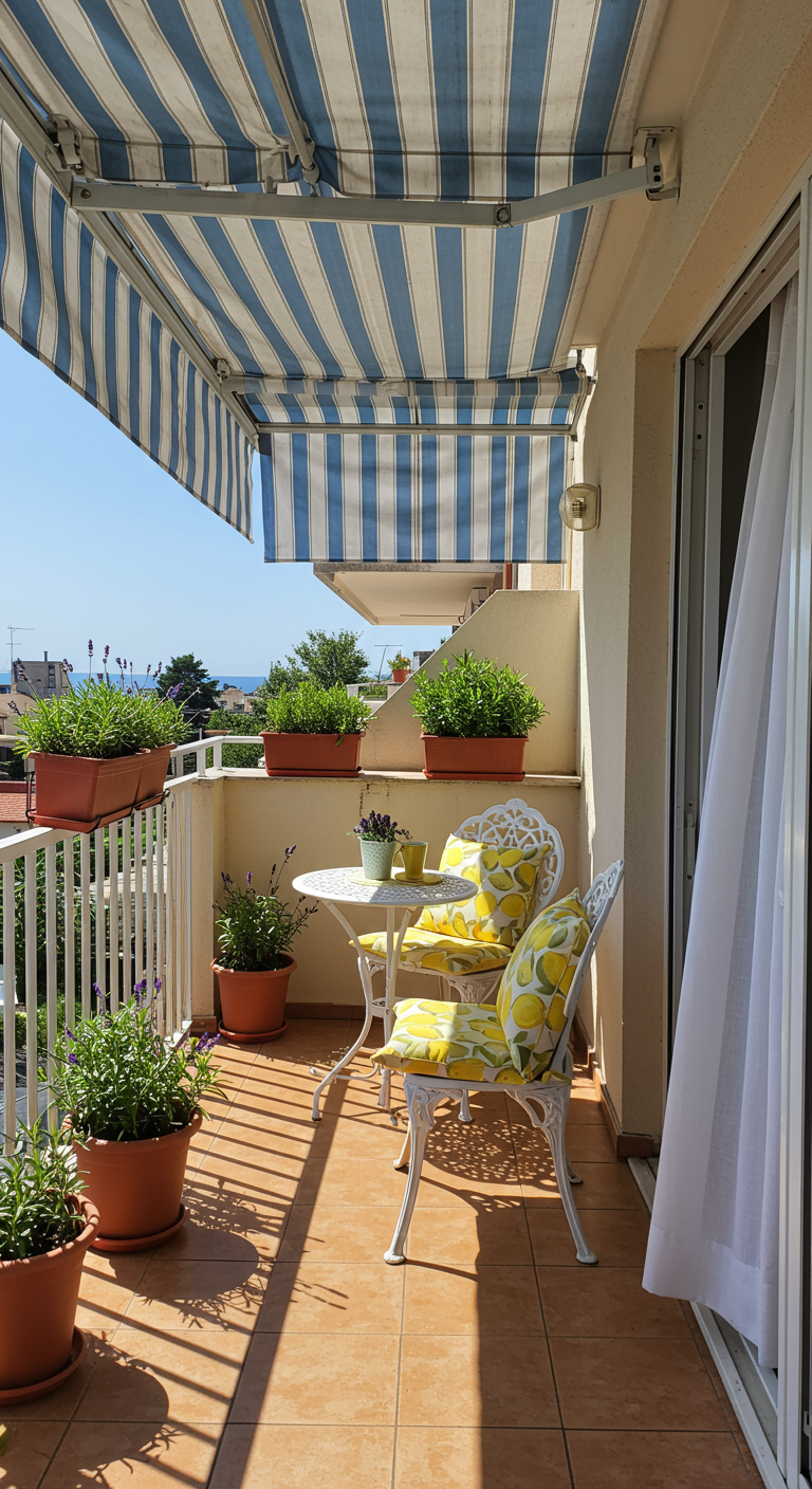 Sonniger Südbalkon mit blau-weiß gestreifter Markise, weißen Metallmöbeln und Lavendel in Töpfen.