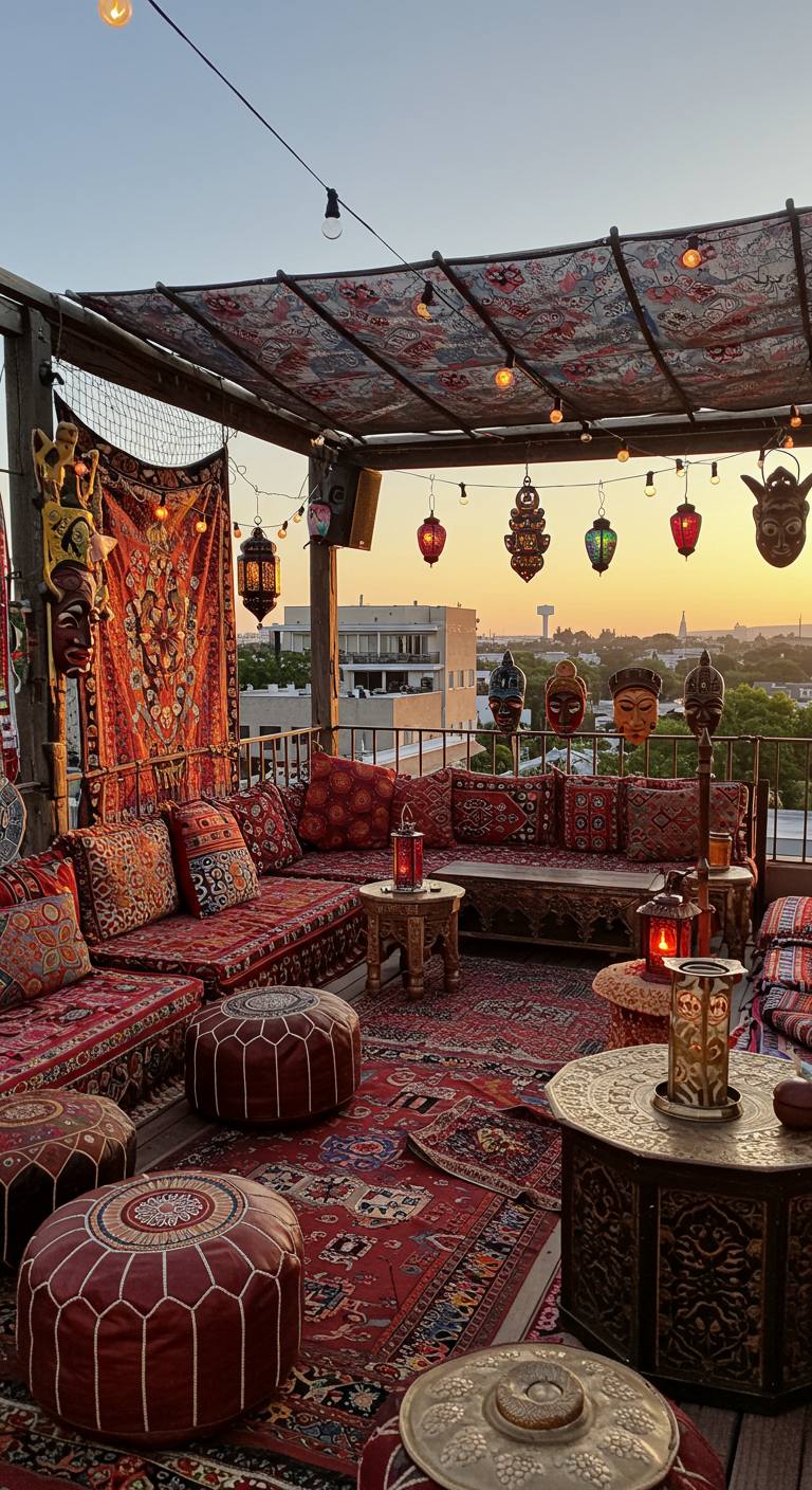 Dachbalkon im orientalischen Stil mit vielen Teppichen, Kissen, Laternen und einem Stoffdach.