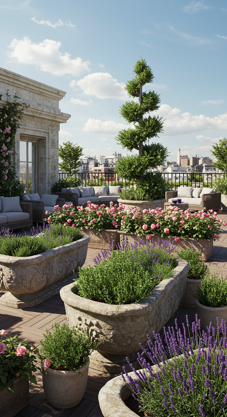 Dachterrasse mit großen Steintrögen, bepflanzt mit Rosen und Lavendel, und Formschnittgehölzen.