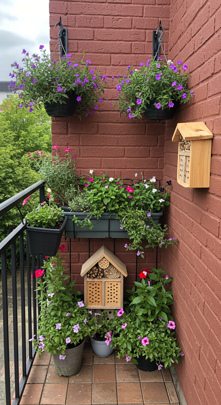 Ecke eines Balkons mit Backsteinwand, behängt mit Blumen und Insektenhotels.