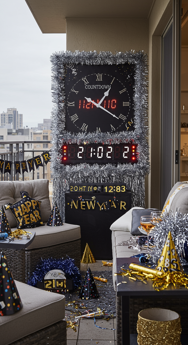 Balkon mit großer Countdown-Uhr, Partyhüten und Lametta für Silvester.