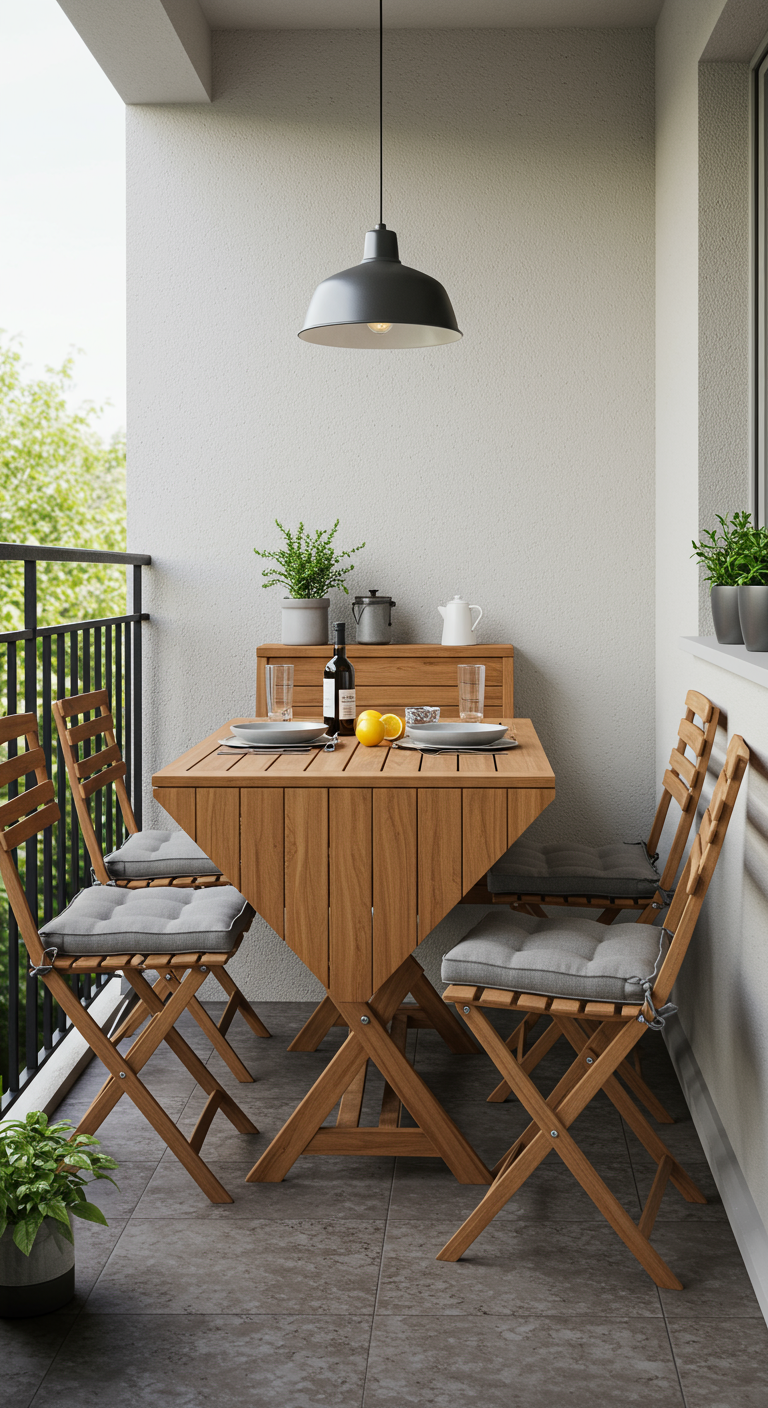 Holztisch mit abklappbaren Seiten und Klappstühlen auf einem Balkon, kleines Sideboard im Hintergrund.