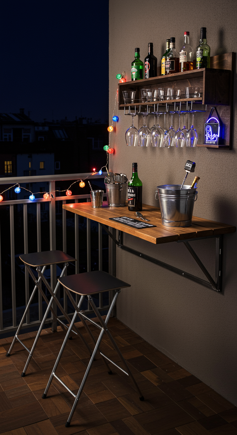 Wandklapptisch als Bar mit Hockern, darüber Regal mit Flaschen, bei Nacht.