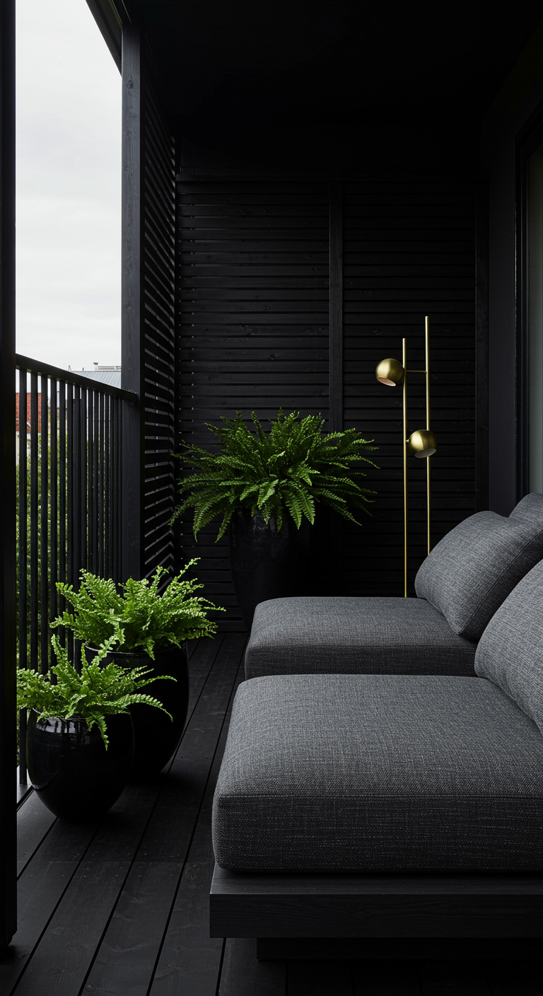 Dunkler Balkon mit schwarzen Holzwänden, Farnen und grauen Loungemöbeln.